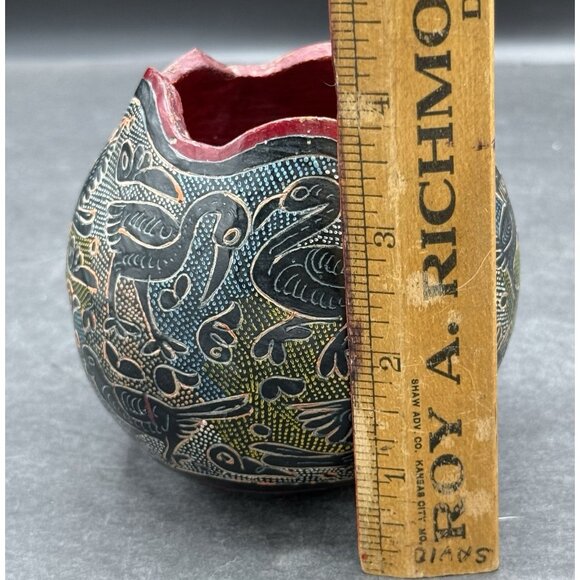 Hand Carved Colorful Gourd Bowl Folk Art Birds Decorative Signed - Picture 8 of 9